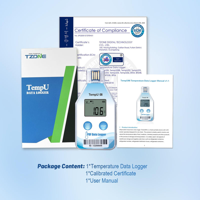 Tzone Temperature Data Logger USB Single Use Temp Tracker 1 Pack 180 Days | PDF&CSV Auto Reports,for Shipping Cold Chain Transport Medicine Refrigerator,Disposable Temp Recorder Sensor,IP67 Waterproof Temperature Data Logger 1 Pack