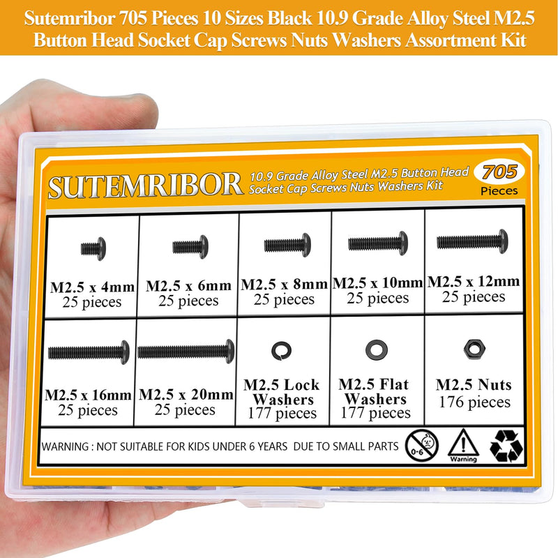705 Pieces M2.5 Screws Nuts Washers Set Black, Sutemribor M2.5 x 4/6/8/10/12/16/20mm Button Head Socket Cap Screws Nuts Washers Assortment Kit, 10.9 Grade Alloy Steel, Fully Threaded M2.5 Screws Kit
