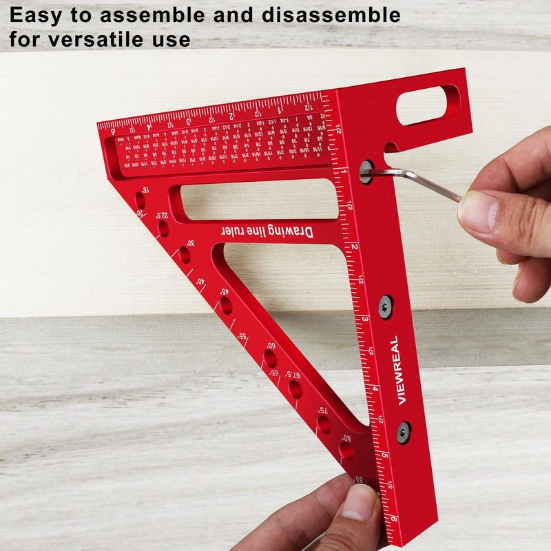 Large Carpenter Square 6.5''x5.79''Protractor Ruler with 3D Multi-Angle Measuring and Scribing Features with Anti-Lost Pin for Accurate Woodworking & Construction Red