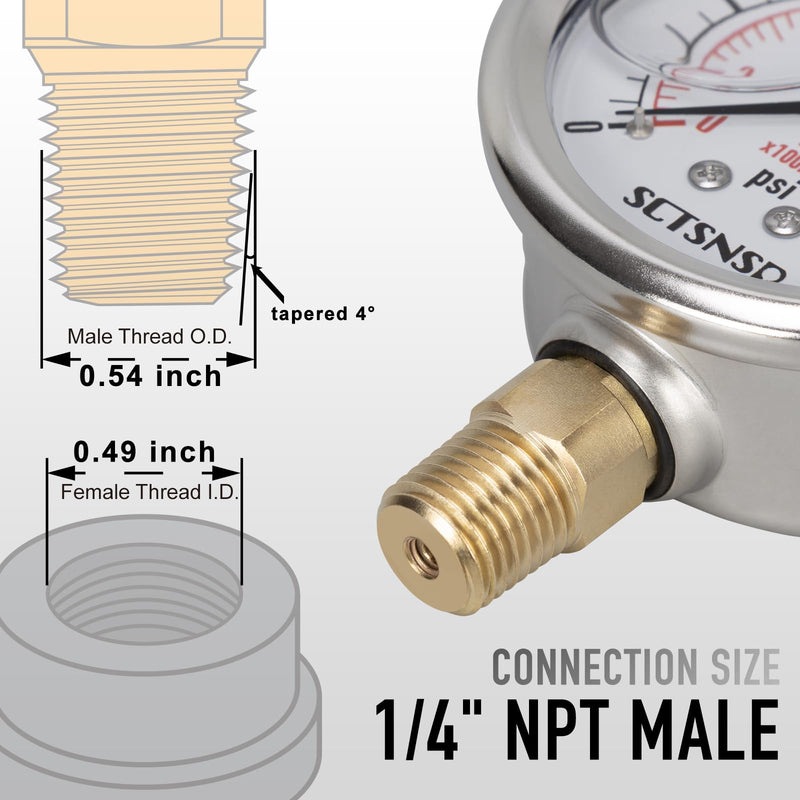 0 to 60 Psi Pressure Gauge, Glycerin Liquid Filled, 2.5 inch Dial, 1/4" NPT Lower Mount, Stainless Steel Case, for Pool Sand Filter, Water Pump, Propane, Coolant, CO2, Gas, Low Pressure Test 0-60 Psi