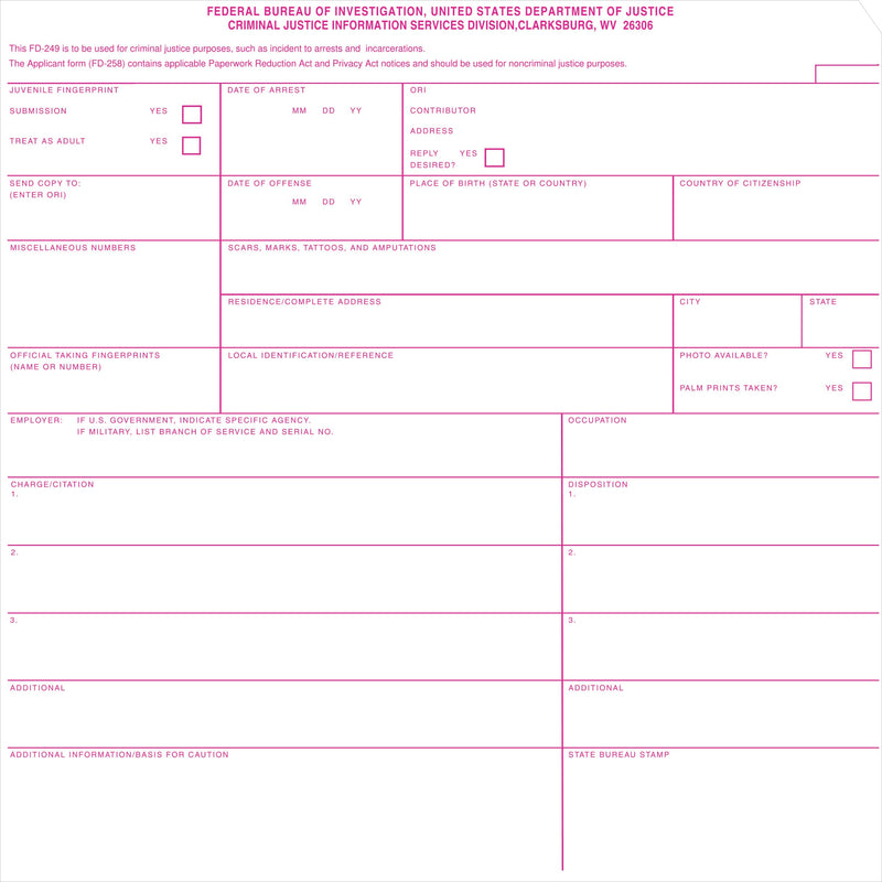 Crime Scene FD-249 Criminal Booking Card for arrests and incarcerations, Pack of 100