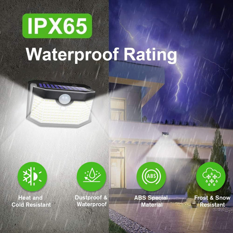 HMCITY 120 LED Outdoor Solar Lights with Motion Sensor and 3 Lighting Modes, IP65 Waterproof Wide Solar Wall Lights Ideal for Garden Patio Yard (Front Button 6Packs, Black Shell-Daylight White) Front Button 6Pack