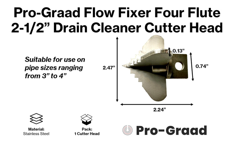 2-1/2” Spear 4 Flute Flow Fixer Drain Cleaner Plumbing Snake Cutter Head for 3” – 4” Pipes, Clears & Scrapes Inner Walls, Fits 3/8” 1/2" or 9/16” Cables, Commercial & Residential Use 2-1/2" Four Flute (for 3" - 4" pipes)