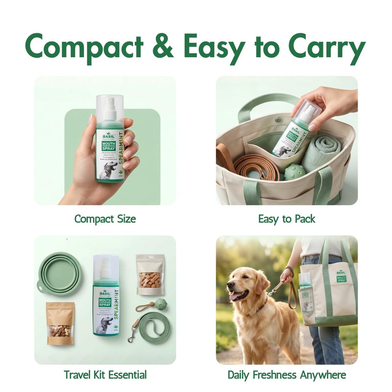 BASIL Dog Dental Spray for Teeth Cleaning & Bad Breath | Spearmint Fresh Breath for Dogs | Teeth and Gum Care | Easy-to-Use Pet Dental Spray for Everyday Use - (4.4 oz)