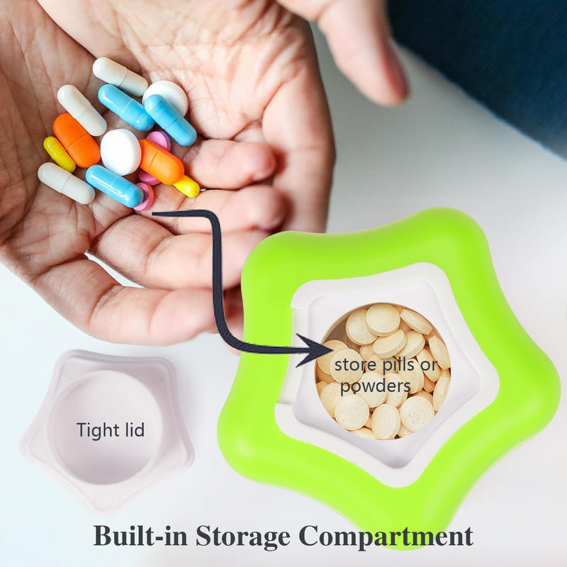 Johnbee Pill Crusher, Pill Grinder Fine Powder Extremely Fine. Storage Compartment. Pill Crushers for Elderly, Family and Pets. Silicone Edges. Grind Multiple Pills at Once - Cleaning Brush (Green) Green