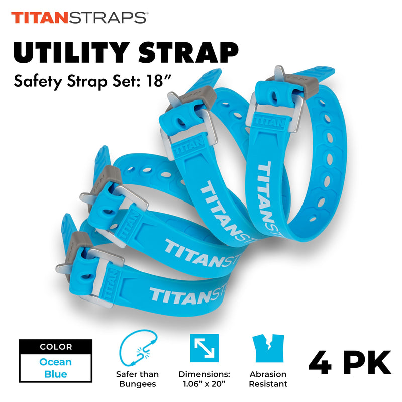 Titan Utility Straps – Easy-to-Use, Reliable Tension Straps for Securing Bike & Moto Gear, Skis, Garden Hoses, Field Repairs – Use in Frigid Temp – 60 lb.Working Load, 14" Length, Ocean Blue, 4-Pack 14" Length / 4 Pack