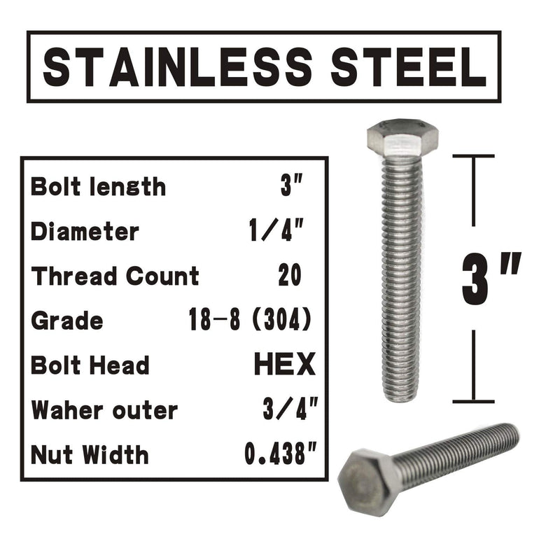 (10 Sets) 1/4-20x3" Stainless Steel Hex Head Screws Bolts, Nuts, Flat & Lock Washers, 18-8 (304) S/S, Fully Threaded by Bolt Fullerkreg (10 Sets) 1/4x3"