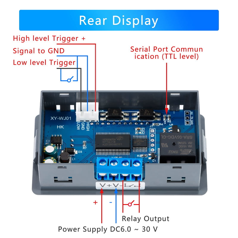 XY-WJ01 Delay Relay Module Timer Delay Relay Module DC 6-30V 12V 24V 0.01s-9999min 50mA Digital Timer Delay Period Switch Module AC 220V Power On-Off Controller LCD Display Switch Button