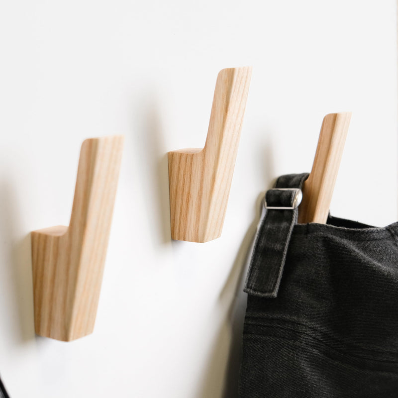 Wall Hooks - Set of 4 - Dark Walnut or Light Ash Wood Coat Hooks for Hanging Hat, Purse, Backpack, Bag, Jacket. Modern Farmhouse Decor for Wall and Practical Entryway Hooks (Ash Wood)