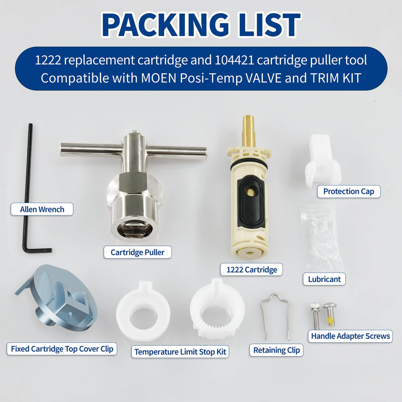 1222/1222B Cartridge Pressure Balancing with 104421 Removal Tool & 116653 Handle Metal Adapter Replacement,Compatible with Moen Posi Temp Single Handle Tub/Shower Faucets Plumbing Repair Kit,Brass 1 1.0