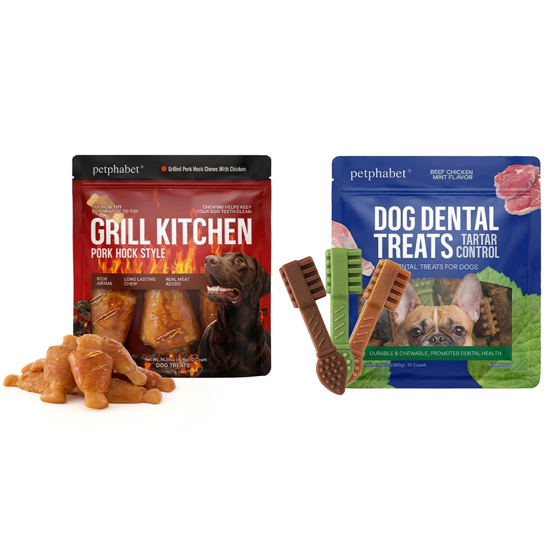 PETPHABET Grilled Pork Hock Dog Chews + 3 Flavors Toothbrush Dental Treats