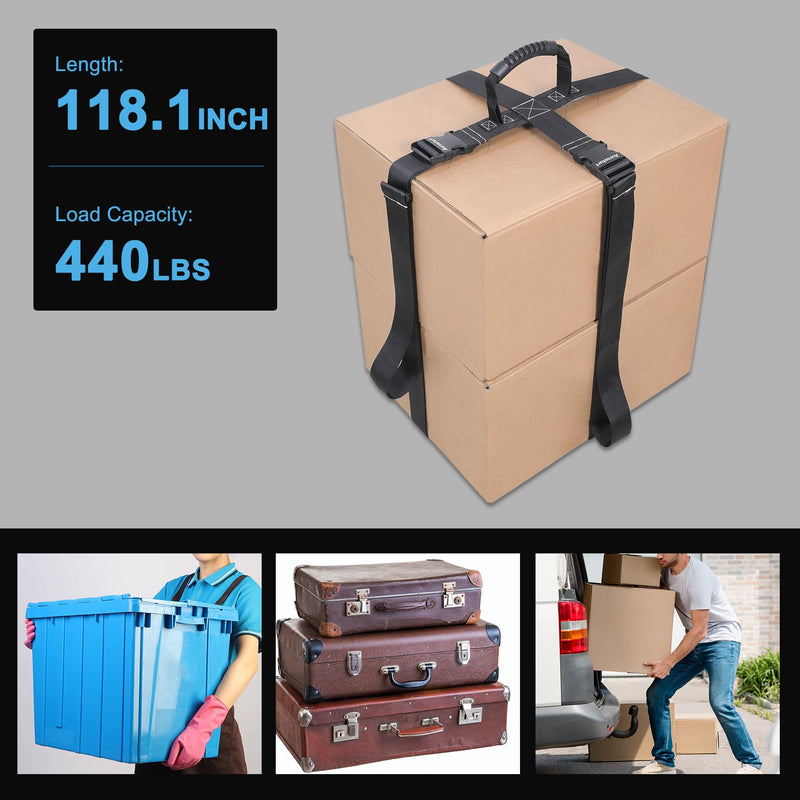 Box Carrying Strap with Handle 118.1 Inch Adjustable Straps for Battery Box Handheld Belt Carry Straps for Safely Moving and Lifting Heavy Boxes (Black, 118.1 Inch) Black