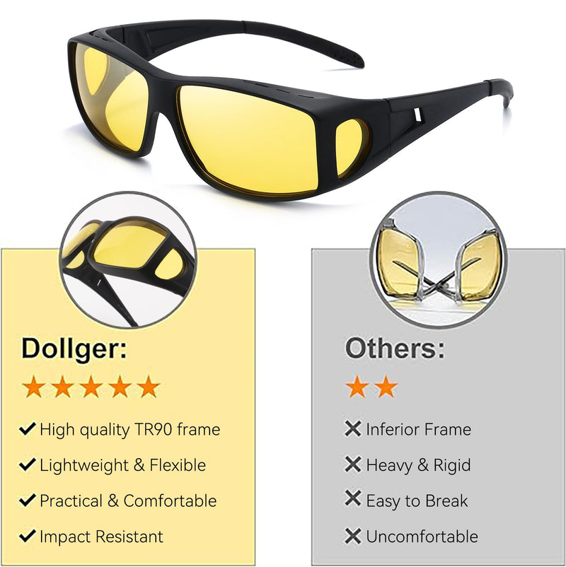 Dollger Night Vision Glasses for Women Men,Fit Over Prescription Glasses with Anti Glare Yellow Lens Night Vision Lens-2 Packs