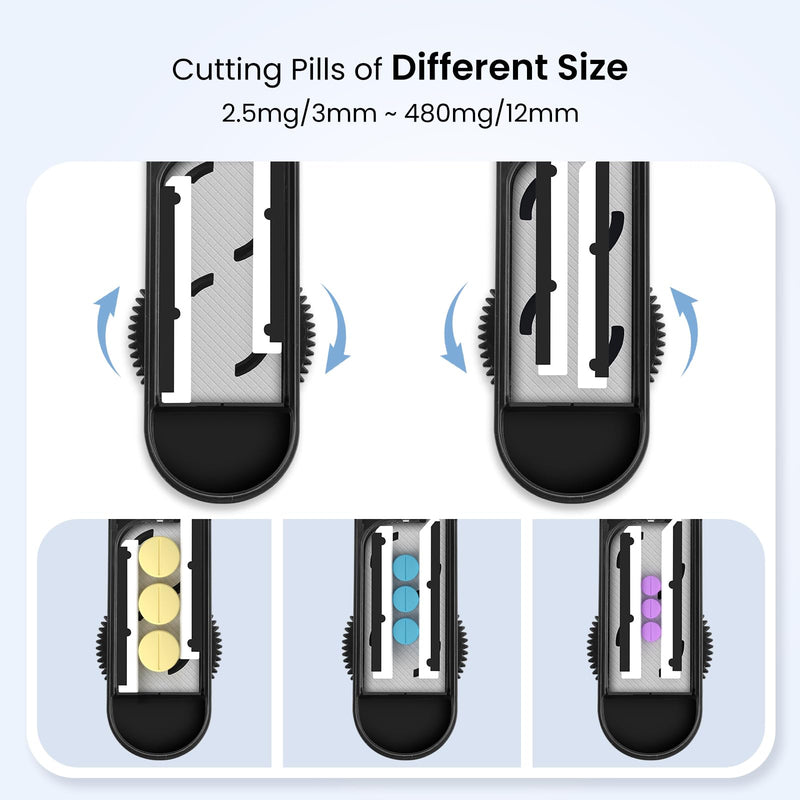 Pill Cutter for Multiple Pills at a Time, Pill Cutter Splitter for Small and Tiny Pills, Pill Cutter for Small or Large Pills, Pill Splitter with Hidden Sharp Stainless Steel Blade (Black) Black+clear