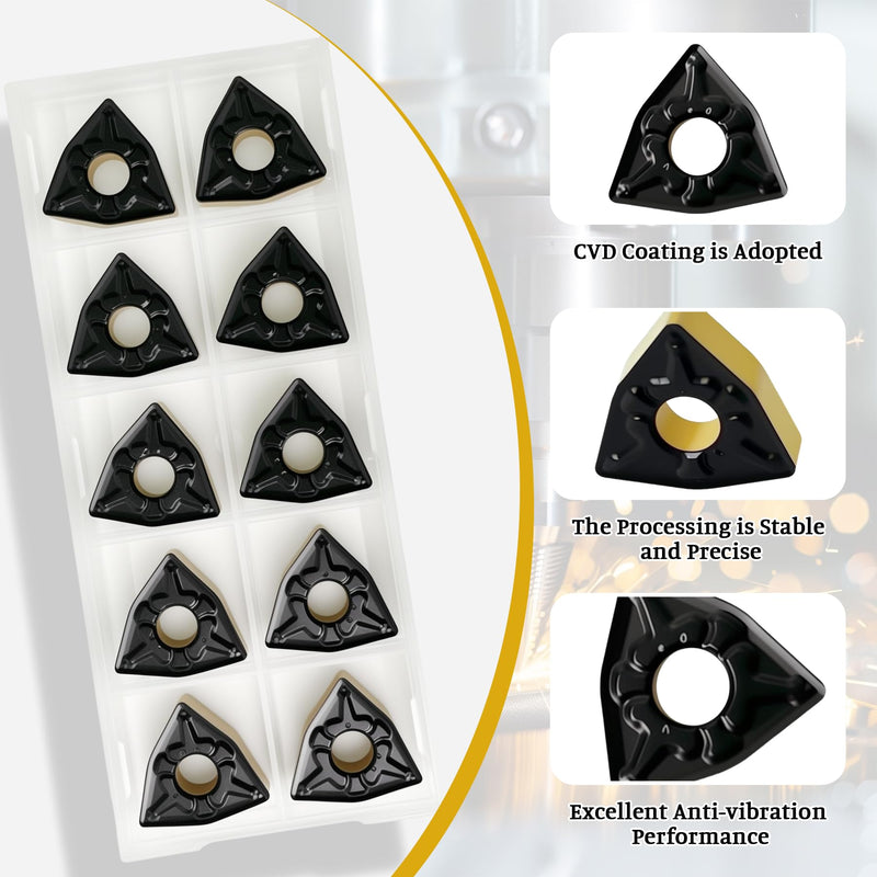 Carbide Turning Inserts WNMG432 WNMG080408, CVD Coated Turning Inserts Cutting Tools for Steel, Negative Chip-Breaker CNC Inserts for Lathe Turning Tool Holder, 10Pcs WNMG432 WNMG080408 10pcs