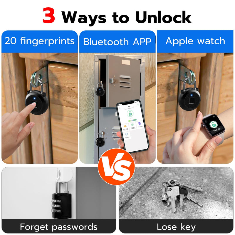 Fingerprint Lock, Dhiedas Gym Locker Lock with Fingerprint Bluetooth APP, Biometric Fingerprint Padlock with Keyless, Waterproof Smart Padlock for Locker School Suitcase Cabinet Storage Black 1'' shackle