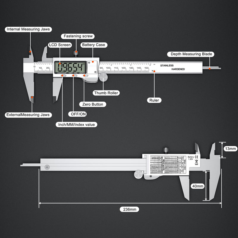 Digital Calipers, Caliper Measuring Tool with Large LCD Screen, Stainless Steel Micrometer Caliper Digital, Auto-Off Feature, Screen Splash Proof, Switch from Inch Metric Fraction (6Inch/150mm) Silver