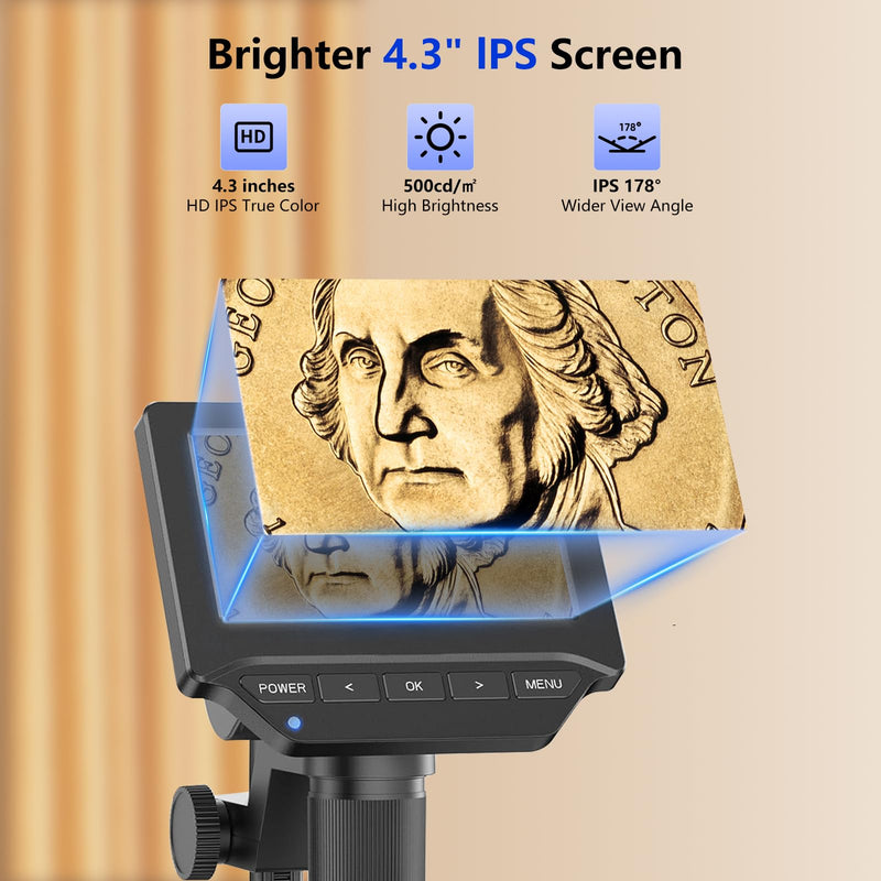 Digital Microscope,4.3" Digital Coin Microscope with Screen,with 8 Adjustable LED Lights, 1080P PC View Compatible with Windows/MacBook,Base with Adjustable Lighting