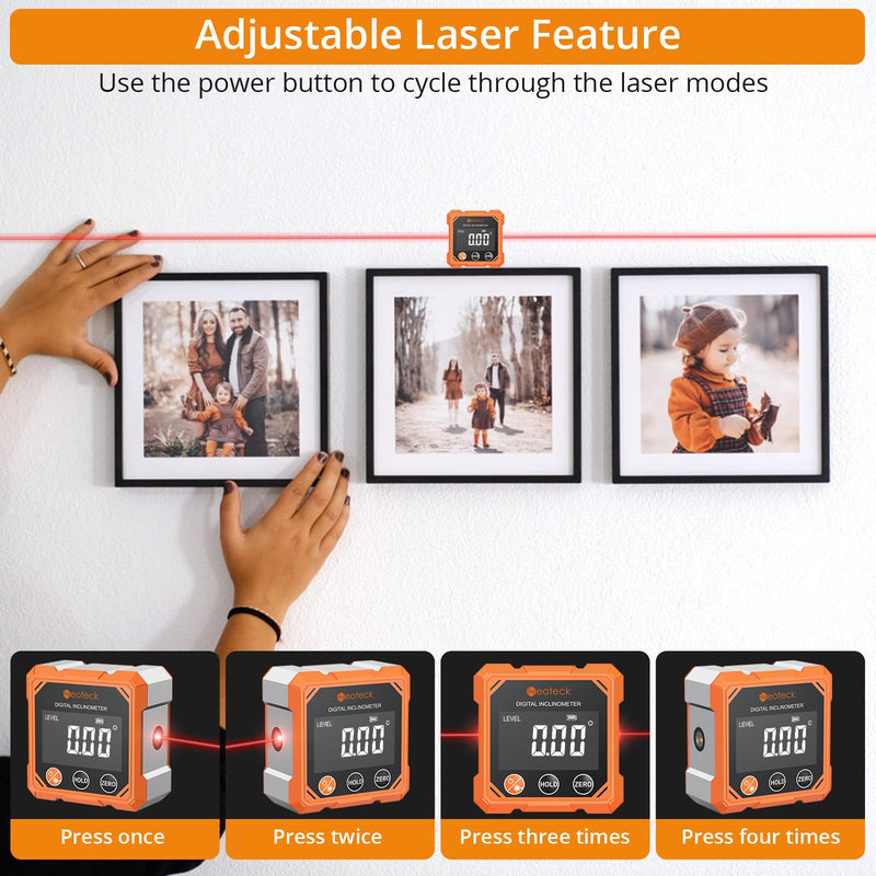 Neoteck 4-Side Magnetic Digital Angle Finder with Laser (Class 2,<1mW Output) 4x90°Angle Finder Tool Rechargeable Digital Angle Gauge with Backlight Screen Digital Laser Level for Hanging Construction