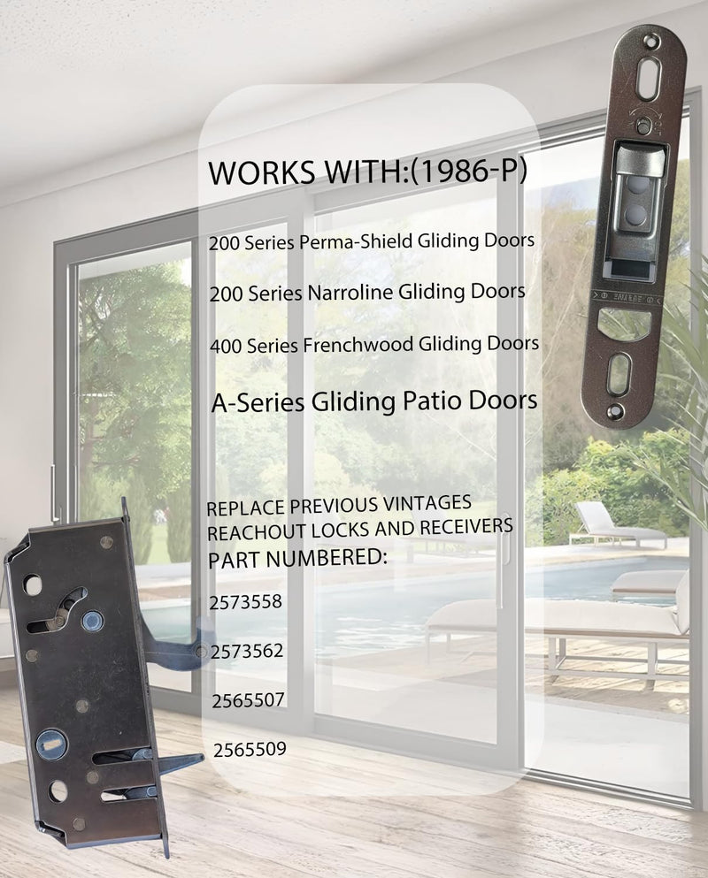 Gliding Patio Door Reachout Lock and Receiver Kit Compatible with Andersen 2-Panel OEM Part, 2-9/16" Hole Centers, Non-Handed(1986 to Present)