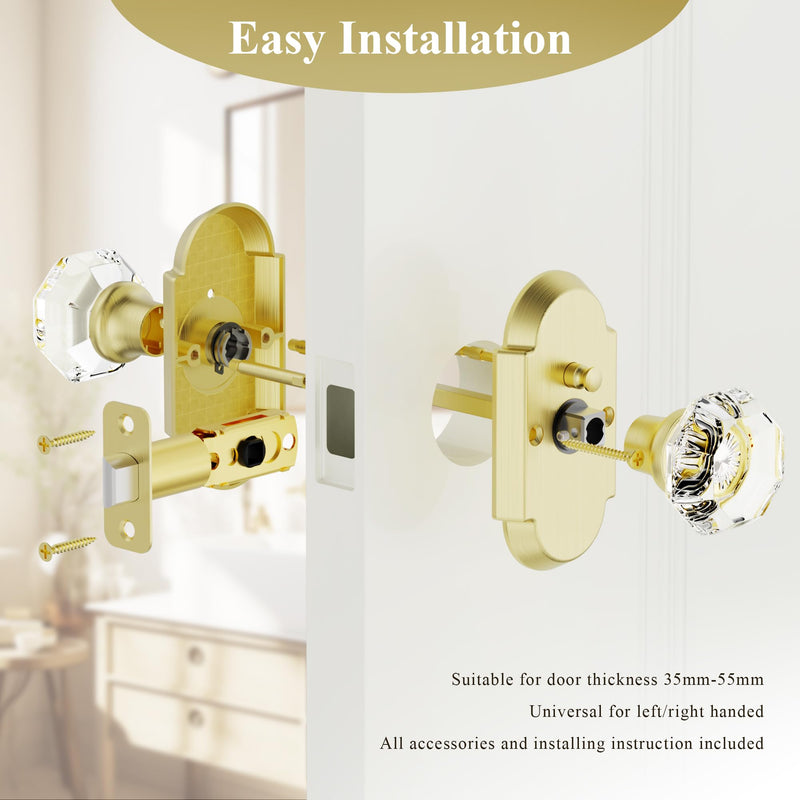 Gold Glass Door Knobs Interior Privacy Crystal Door Knobs with Lock for Bedroom/Bathroom, Satin Brass (1 Pack)