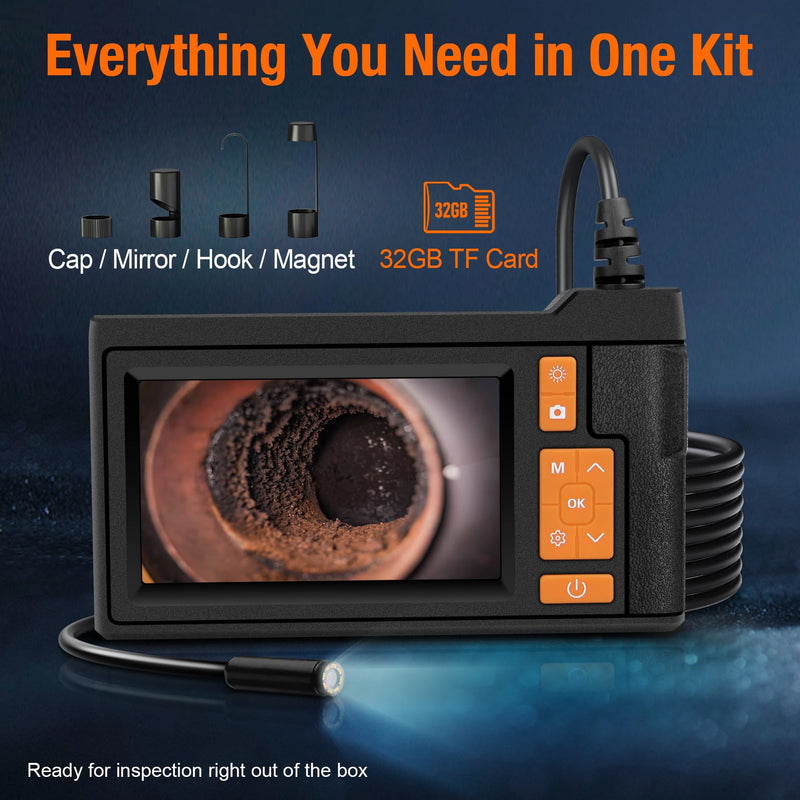 Borescope Camera with Light, 4.3" IPS Screen Endoscope, No Phone No App Inspection Camera with Light, 16.4ft Semi-Rigid Cable, 8LED Industrial Endoscope with 32GB Card for Auto, Pipe & Home Inspection
