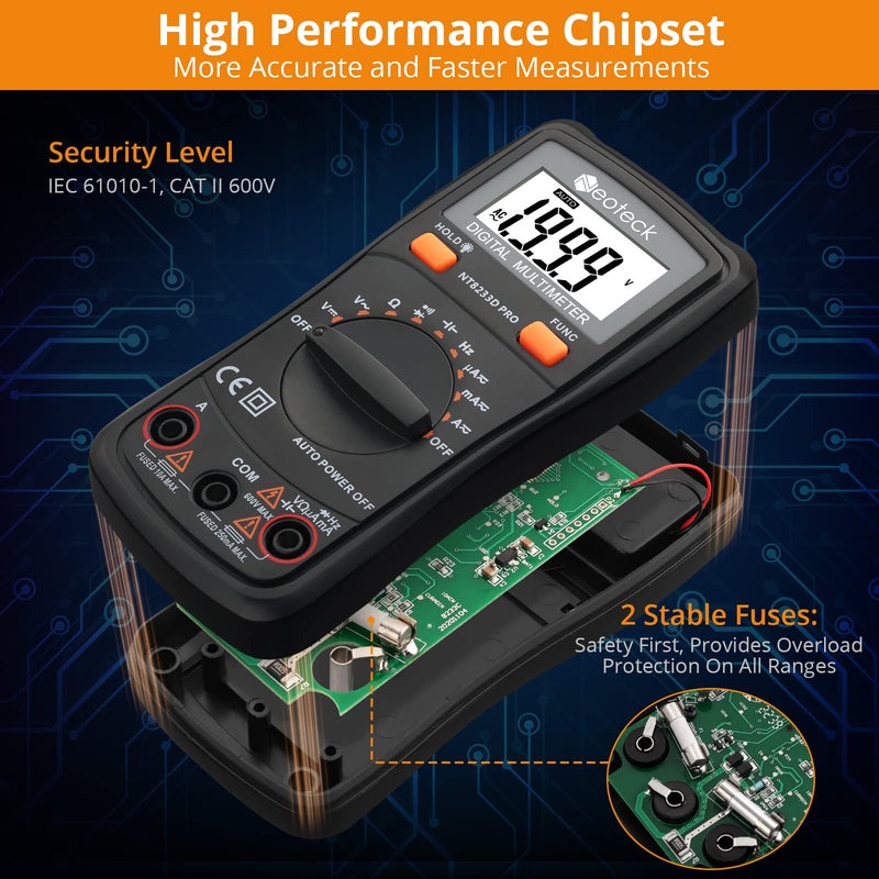 Neoteck Auto Ranging Digital Multimeter AC/DC Voltage Current Ohm Capacitance Frequency Diode Transistor Audible Continuity, Multi Tester with Backlit LCD Orange