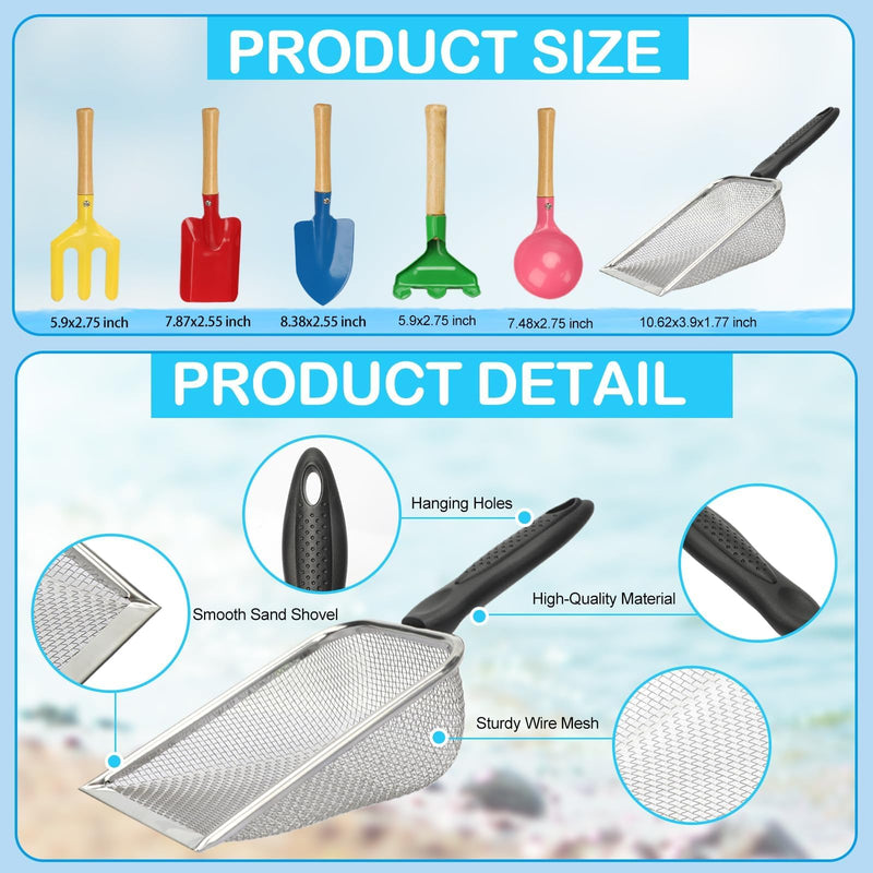 Mototo 9 PCS Beach Sand Sifter Tools Set Shark Tooth Sifter Beach Mesh Shovel with Shell Bags Collapsible Beach Bucket for Shells Collecting Shark Tooth Game Tools