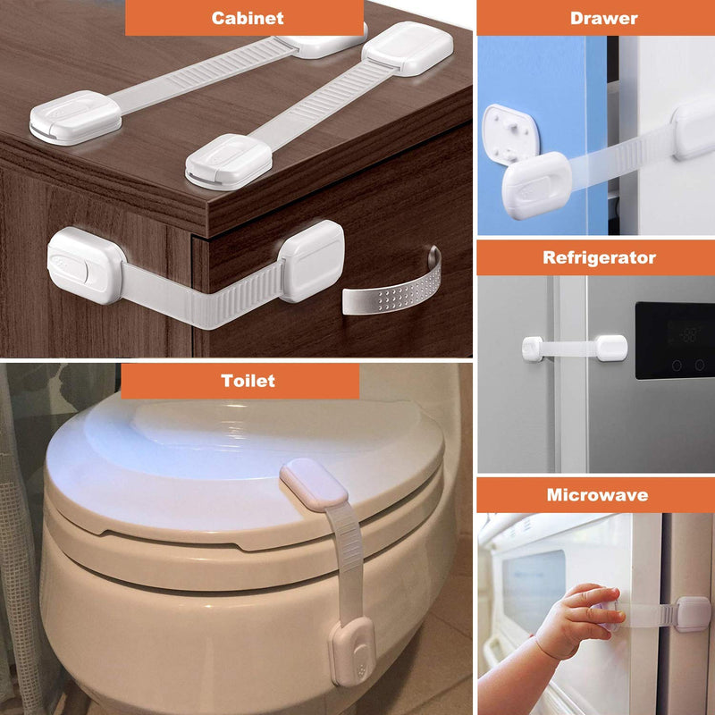 Vmaisi Baby Proofing Cabinet Locks - Childproofing Adjustable Multi Use Straps Latches for Drawers, Fridge, Dishwasher, Toilet Seat, Cupboard, Closet, Oven,Trash Can, Adhesive No Drilling (White) (20) 20