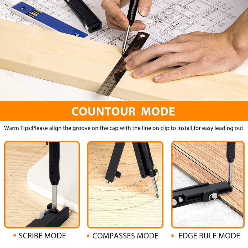 Saker Multi-function Scribing Tool- Construction Pencil- Aluminum Alloy Scribe Tool with Deep Hole Pencil,DIY Woodworking Scribe Gauge Scriber Line Maker Measuring Tool,Multifunctional Tools Black