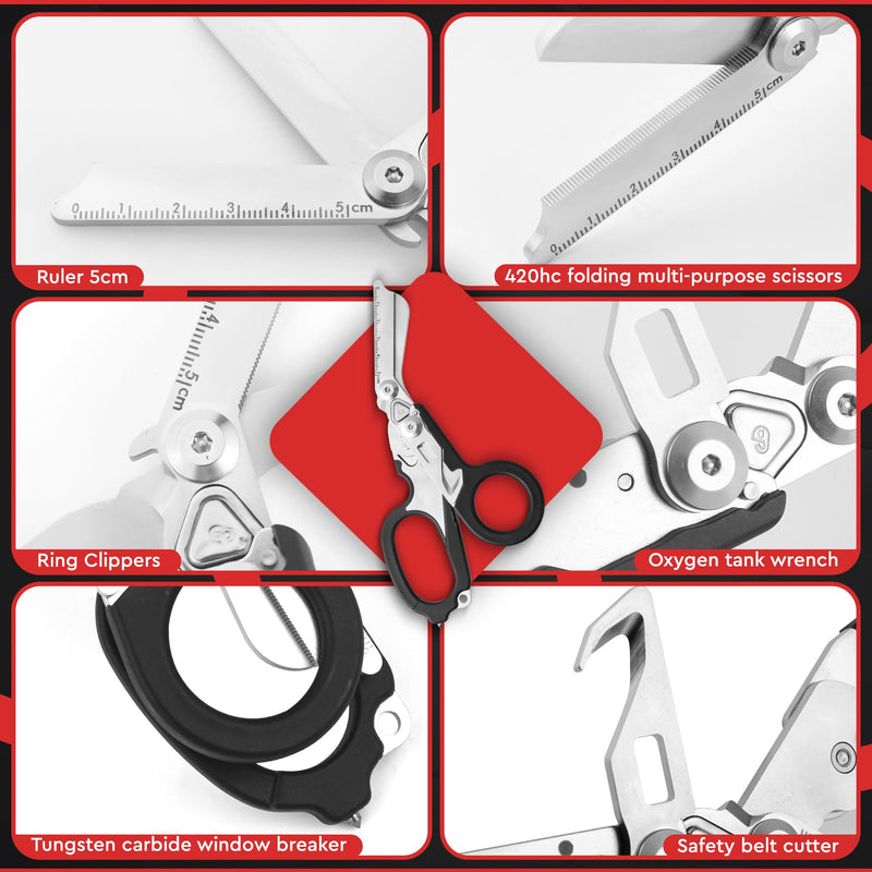 6 in 1 Multipurpose Emergency Trauma Shears Scissors with Holster , Outdoor Camping Rescue Tools with Glass Breaker , Strap Cutter Stainless Steel Foldable Scissors Pliers Black