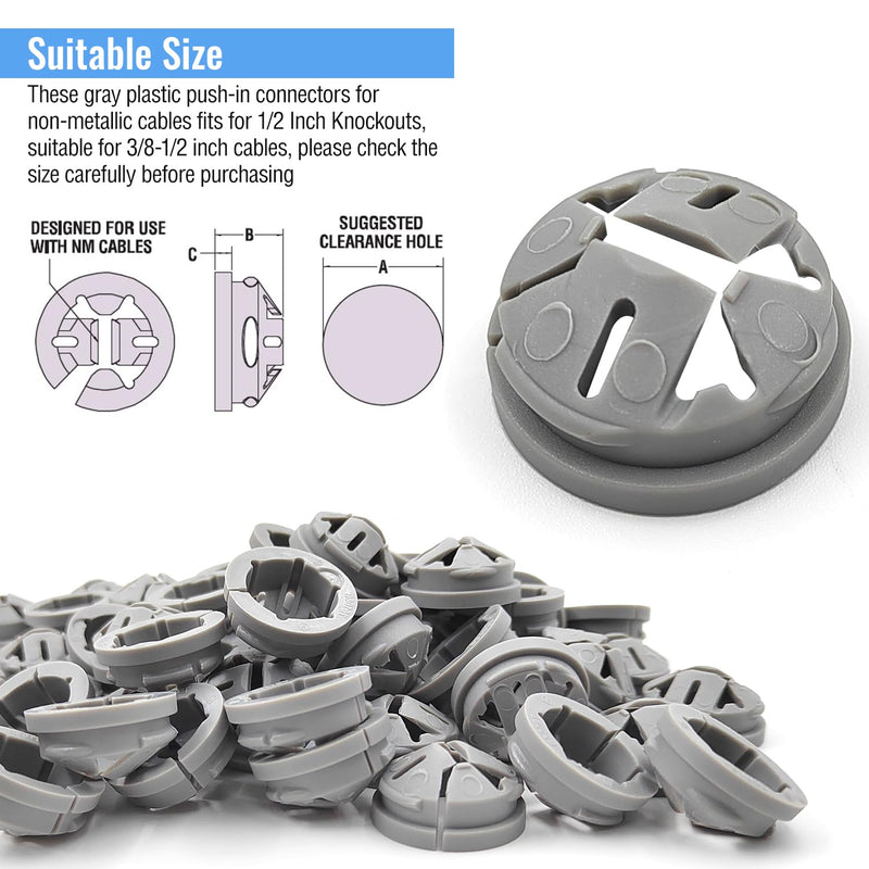 120 Pcs 3/8-1/2 Inch Electrical Box Cable Connectors, Non-Metallic Button Push in Wire Connectors, Electrical Conduit Fittings Junction Box Connector Gray, Fits for 1/2 Inch Knockouts 120