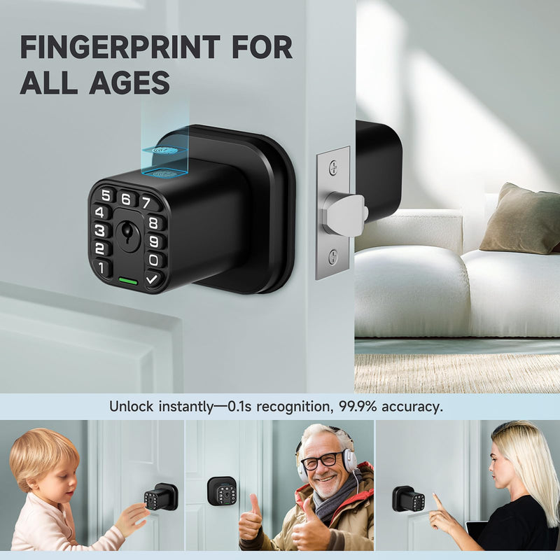 Fingerprint Door knob, Smart Biometric Door Lock with Keypad, Keyless Entry Code Door Knob, Waterproof & Weatherproof , Auto Lock ,Voice Navigation, For Bedroom, Gate,Office -Matte Black Matte Black