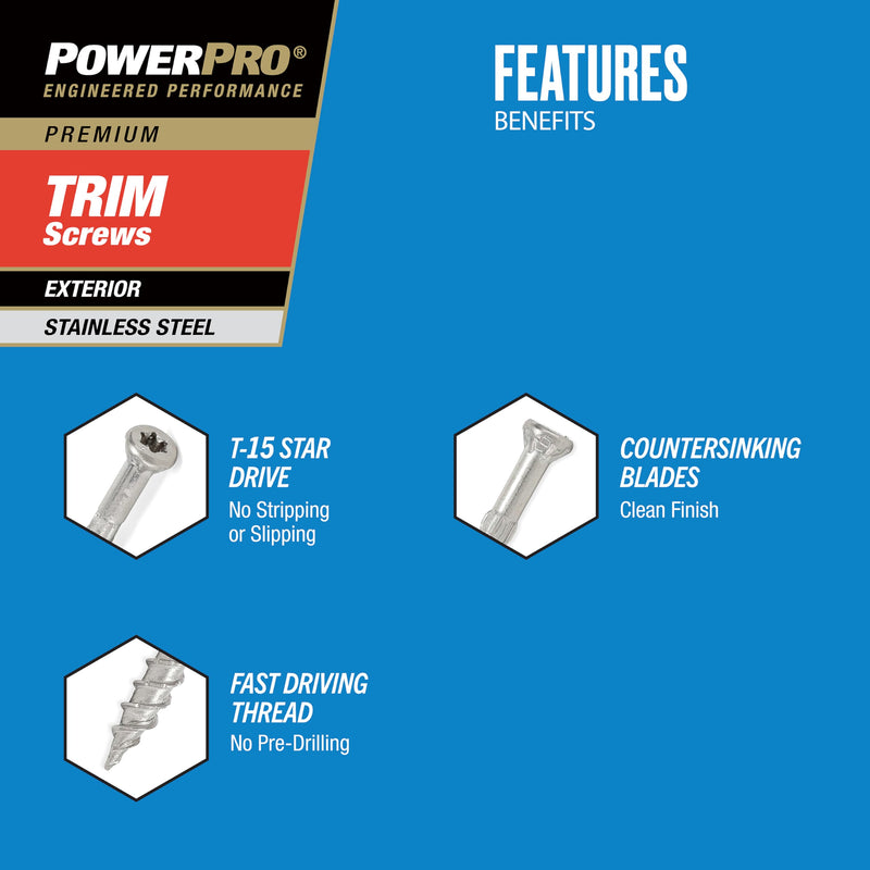 Power Pro Premium 305 Stainless Steel Trim Screws (#8 x 1-5/8") - 1lb Box