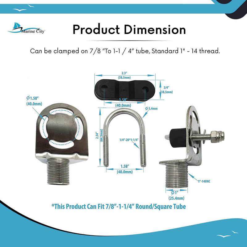 MARINE CITY Rail Mount Antenna Bracket, 304 Stainless Steel with Nylon Clamp, Corrosion Resistant, Fits 7/8” to 1-1/4” Tubes, for RVs, Boats, Yachts, Marines (Pack of 1)