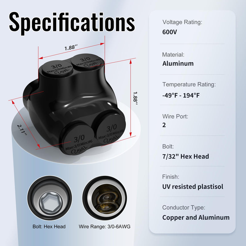 Insulated Multi Tap Connector 3/0-6 AWG 2 Port Aluminum Wire Connector Black Electrical Cable Connectors Dual Entry 7/32" Allen Hex - 6 Pack Dual Entry 2 Port 3/0-6 AWG