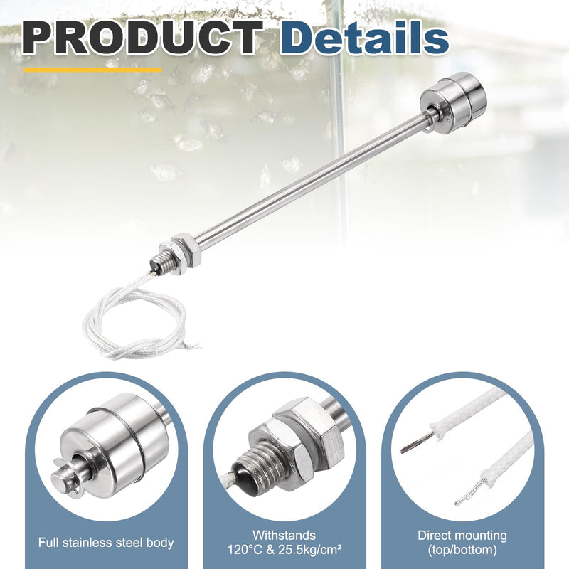 MECCANIXITY Stainless Steel Float Switch, 200mm Rod 110V DC 0.5A Vertical Water Level Sensor M10 Thread Single Tank Liquid Level Controller for Pump/Alarm 2 Pcs