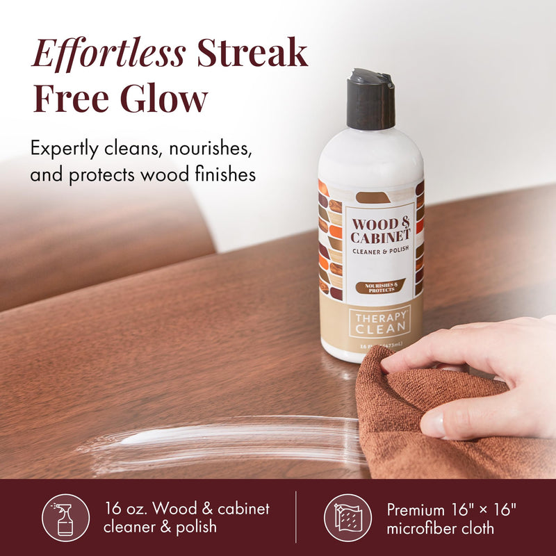 Therapy Wood Cleaner & Polish 16 oz. (2-Pack with Microfiber Cloth) - Wood Cabinet and Table Cleaner - Conditioner - Almond Scent Wood Polish (Pack of 2 with Microfiber)