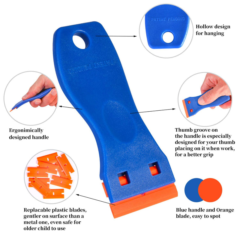 Plastic Razor Blade Scraper, 2 Pack Razor Scraper with 120 Pcs Razor Blades for Removing Glue, Sticker, Decals, Tint from Car Window and Glass(Blue) Blue-2PCS