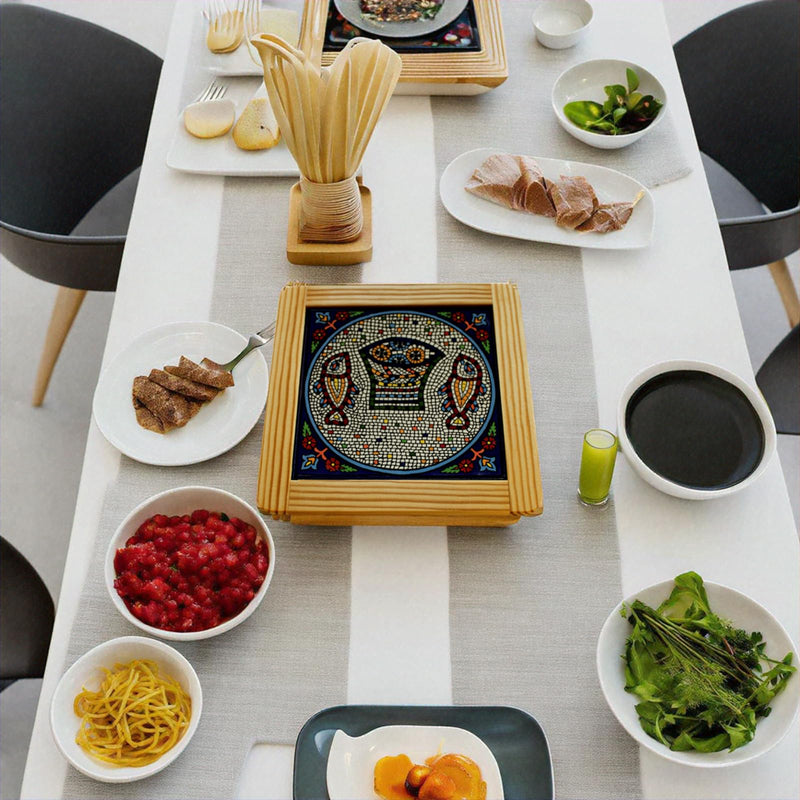 Holy Land Market Armenian Ceramic Trivet - Tabgha Miracle of Loaves and Fish Hot Plate- Hand Painted and Made Ceramic, Pottery Made in Jerusalem, Armenian Ceramic Gift (7.5 inches Wide)