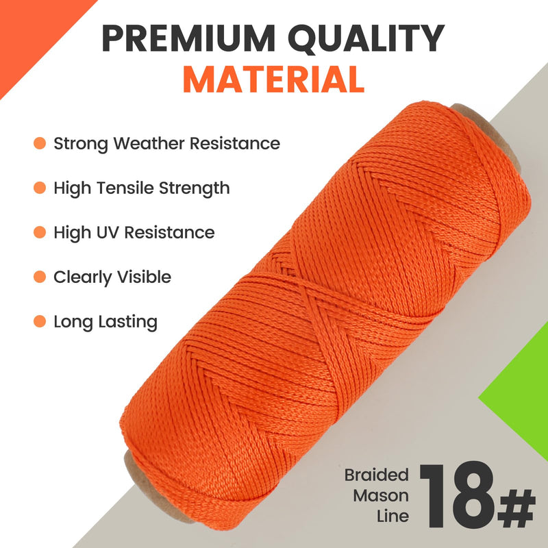 Mason Line, 500 Ft #18 Braided Nylon String Twine, Premium String for Masonry Jobs, Construction, Gardening, Net Making and Mending, DIY Projects, Fluorescent Orange