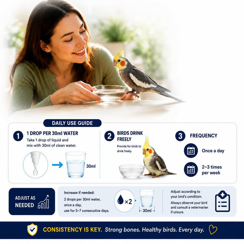 Liquid Calcium for Birds, Calcium Drops with Vitamin D3 for Parrots, Cockatiels & Budgies, Bird Calcium Supplement for Strong Bones, Healthy Feathers & Daily Nutrition, 3.38 FL OZ