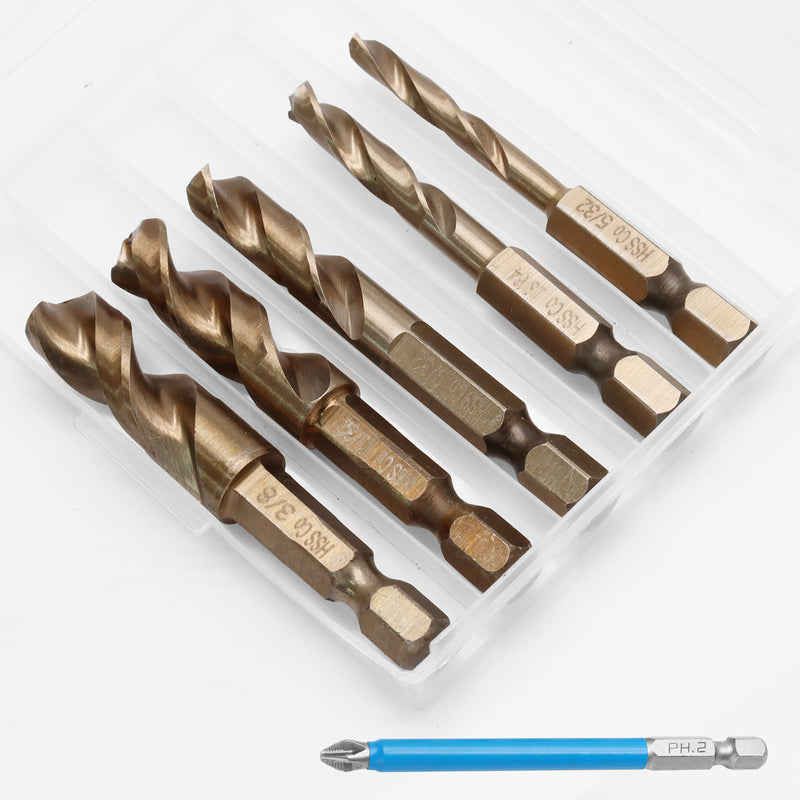 5 Pcs M35 Cobalt Stubby Drill Bit Set for Hard Metals and Stainless Steel, with 1/4" Hex Shank for Impact Drivers and Quick Chucks (5/32", 13/64", 9/32", 11/32", 3/8") 5/32" to 3/8" (5 Pcs)