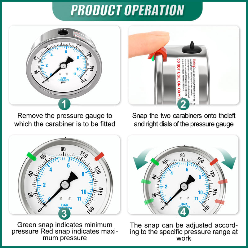0-160PSI Stainless Steel Liquid Filled Pressure Gauge, 4" Dial Size, 1/4" NPT Back Mount, for Tube, Water Pump, Gas, Liquid, Pressure Test (with Range Mark Pointer) 0-160 psi Back Mount - 4" Dial