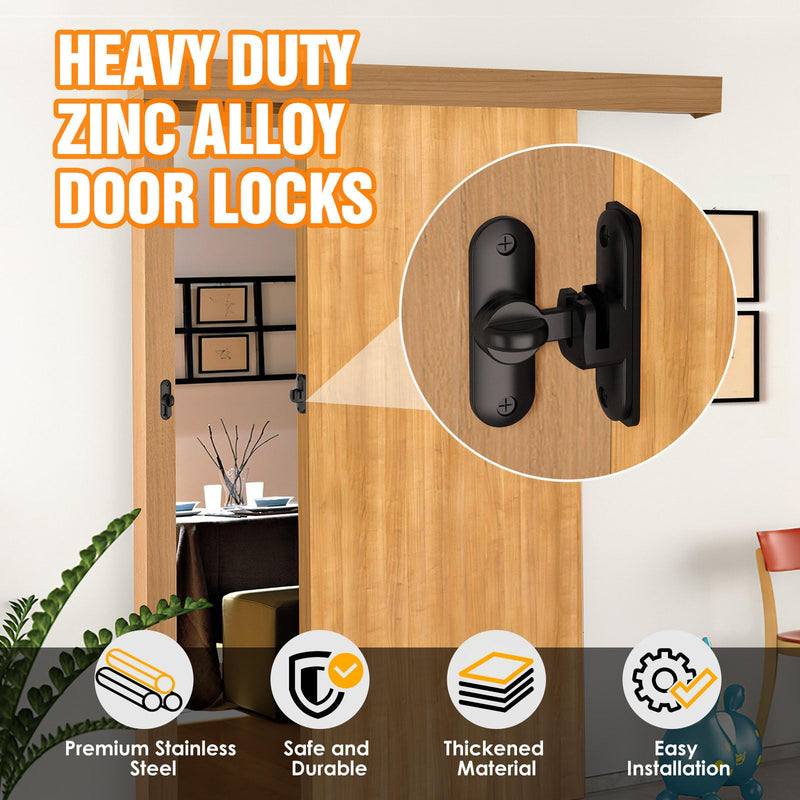 Barn Door Lock – Small 90/180 Degree Flip Sliding Door Latch Heavy Duty Bar Gate Latches Safety Slide Lock for Bathroom, Garden, Bedroom, Cabinet (Black-2Pack) Black-2Pack
