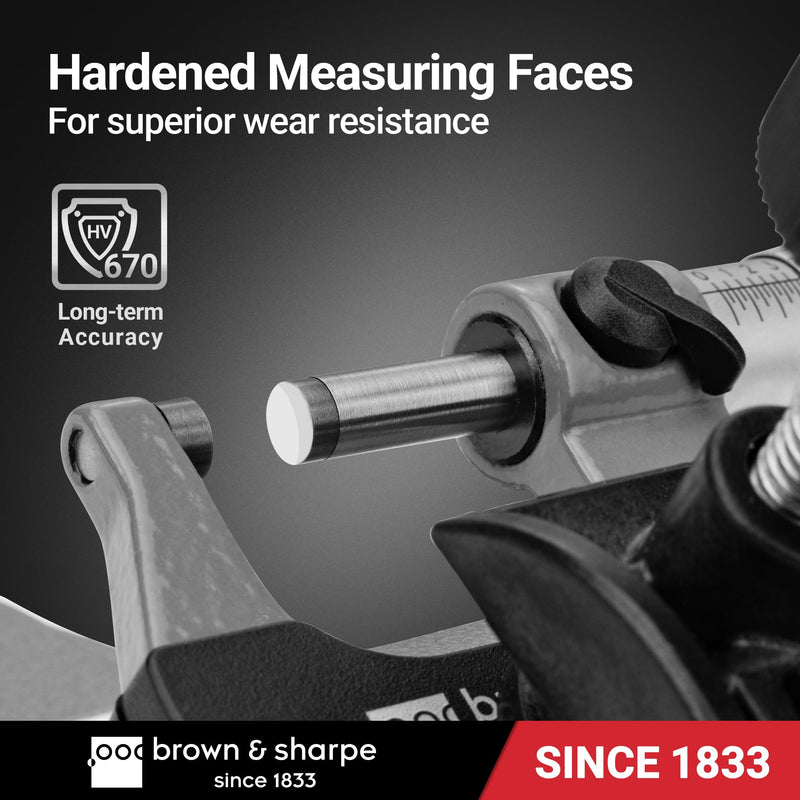 Brown & Sharpe Outside Micrometer 0–1", Precision Micrometer Machinist Tools, 0.001" Graduation, Carbide Measuring Faces, Ratchet Stop, Satin Chrome Sleeve for Reliable Measurement & Clear Reading