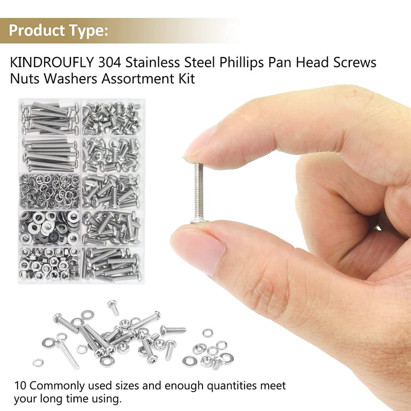 372 Pieces M4 x 6/8 /12/16 /20/25 /30mm Phillips Pan Head Machine Screws Nuts Washers Assortment Kit, 304 Stainless Steel, Fully Machine Thread
