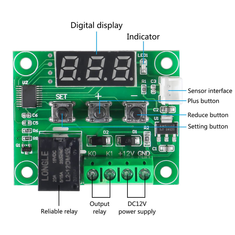 6pcs W1209 12V DC Digital Temperature Controller Board with Case Micro Digital Thermostat -50-110°C Electronic Temperature Temp Control Module Switch with 10A One-Channel Relay and Waterproof Blue 12V BLUE