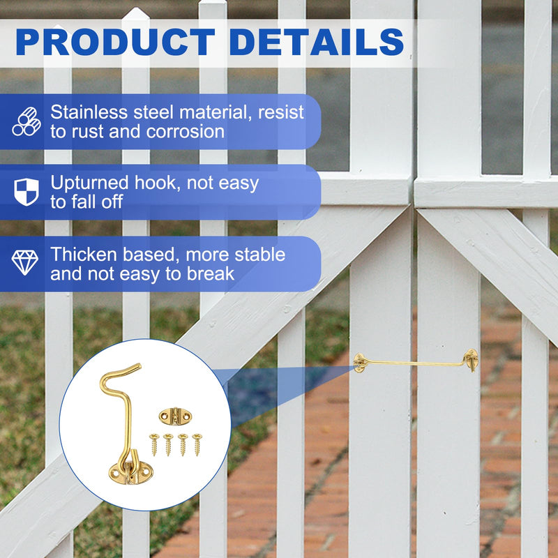 uxcell 4Pcs Hook and Eye Latch, 3" Brass Barn Door Latch with Screws, Cabin Privacy Door Gate Hooks for Window Sliding Door Fence Shed, Brass 3 Inch 4