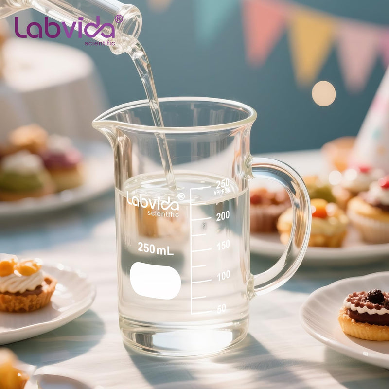 Glass Beaker with Handle, 4PCS of Vol. 500ml, 3.3 Borosilicate Griffin Low Form with Printed Graduation,LVAT002